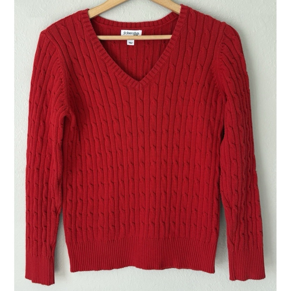 Old Money Womens L Red Cable‎ Knit V-Neck Sweater Tenniscore Ivy League Preppy